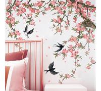 Runtoo Stickers Muraux Fleurs de Cerisier Rose Autocollant Mural Branche Arbre Oiseaux Deco Stickers Salon Chambre Enfants Bébé Décoration