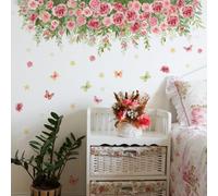 Runtoo Stickers Muraux Fleurs Pivoines Autocollant Mural Feuilles Vertes Rose Papillon Deco Stickers Salle de Bain Cuisine Chambre Bébé Décoration