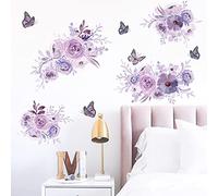 Runtoo Stickers Muraux Fleurs Pivoines Autocollant Mural Fleurs Violette Papillon Deco Stickers Salle de Bain Chambre Enfants Bébé Décoration