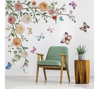 Runtoo Stickers Muraux Fleurs Pivoines Rosa Autocollant Mural Floral Aquarelle Papillon Deco Stickers Salon Salle de Bain Chambre Enfants Bébé Décoration