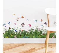Runtoo Stickers Muraux Herbe Verte Coin Plinthe Autocollant Mural Fleurs Papillon Deco Stickers Chambre Enfants Bébé Salon Décoration