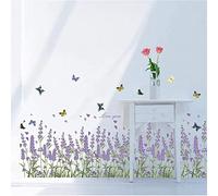 Runtoo Stickers Muraux Lavande Fleurs Coin Plinthe Autocollant Mural Papillon et Fleurs Décoration Murale Chambre Bébé Enfants Salon