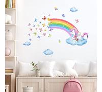Runtoo Stickers Muraux Licorne Arc en Ciel Autocollant Mural Nuage Papillon Deco Stickers Salle de Bain Chambre Enfants Bébé Décoration