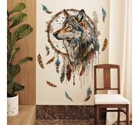 Runtoo Stickers muraux motif loup attrape-rêves et plumes bohème pour chambre à coucher, salon, chambre de fille, décoration murale