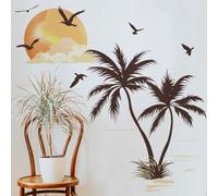 Runtoo Stickers Muraux Palmier Tropical Autocollant Mural Arbre Oiseaux Mer et Plage Deco Stickers Chambre Salon Salle de Bain Décoration