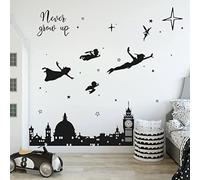 Runtoo Stickers Muraux Peter Pan Autocollant Mural Horizon Silhouette Noir Deco Stickers Chambre Enfants Fille Garçon Bébé Décoration