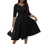Runwind Robes de Grande Taille pour Femme, Coupe ajustée et évasée, Robe trapèze à Manches 3/4, Robe midi pour église, invitée de Mariage, Robe de Cocktail, Noir, Taille XL