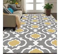 Rururug Tapis Antidérapant Lavable Protection du Sol,Salon Salle Manger Table Bureau Maison Cuisine Couloir Balcon,Rayures géométriques Gris-Jaune-Blanc 100 x 100 cm