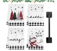 Ruryxel Lot de 4 Torchons de Cuisine, 42x65 cm Torchons de Cuisine Noël avec Porte-torchons, Torchons de Cuisine en Microfibre, Motif de Flocons de Neige et Arbre, pour Décoration de Cuisine de Noël