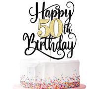 Ruscalin Décoration de gâteau d'anniversaire « Happy 50th Birthday », décorations de gâteau de fête d'anniversaire (noir et doré, 50e)