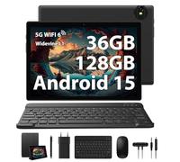 RUSHAR Android 15 Tablette 10 Pouces, 36Go+ 128Go(1To TF) Tablette Tactile avec Clavier et Souris, Octa-Core, WiFi 6 / BT 5.0 / 8000mAh / 8MP+5MP / Widevine L1 / WPS/FM, Noir