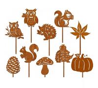 Rusokufo Herbst Stecker 10 pièces, déco de Jardin Aspect rouillé pour | Je 2 motifs de hibou, écureuil et hérisson, plus feuille d'érable, pomme de pin, champignon et citrouille pour parterres