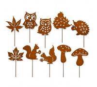 Rusokufo Jardinière d'automne 10 pièces métal rouillé pour déco d'automne | 10 Stecker, je 2 chouettes, hérissons, écureuils, champignons et feuilles d’érable, pour parterres, pots et boîtes à balcon