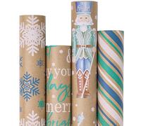 RUSPEPA 4 Rouleaux de Papier d'Emballage Kraft de Noël - Soldat Casse-Noisette, Flocon de Neige, Rayure et Texte - 76 cm x 3 m par Rouleau