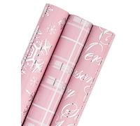 RUSPEPA Lot de 3 rouleaux de papier cadeau de Noël - 43,2 cm x 305 m par rouleau - Rose avec feuille métallique argentée flocon de neige, carreaux, inscription « Merry Christmas »