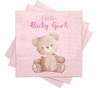RUSPEPA Lot de 50 serviettes en papier en forme d'ourson pour baby shower - 3 voiles jetables, roses avec impression « Hello Baby Girl », adaptées pour les déjeuners et les cocktails pour les fêtes de