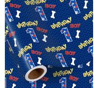 RUSPEPA Papier cadeau 1er Anniversaire Garçon, mini rouleau, motif pattes de chiot et os bleus, papier cadeau thème chien pour bébé garçon, baby shower, anniversaire tout-petit, 43,2 cm x 5 m