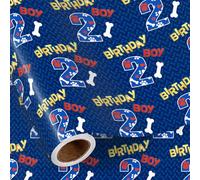 RUSPEPA Papier cadeau 2e Anniversaire Garçon, mini rouleau, motif pattes de chiot et os bleus, papier cadeau thème chien pour enfants, garçons, anniversaire tout-petit, 43,2 cm x 5 m