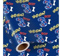 RUSPEPA Papier cadeau 3e Anniversaire Garçon, mini rouleau, motif pattes de chiot et os bleus, papier cadeau thème chien pour enfants, garçons, anniversaire tout-petit, 43,2 cm x 5 m