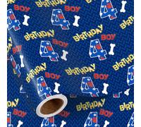 RUSPEPA Papier cadeau 4e Anniversaire Garçon, mini rouleau, motif pattes de chiot et os bleus, papier cadeau thème chien pour enfants, garçons, anniversaire tout-petit, 43,2 cm x 5 m
