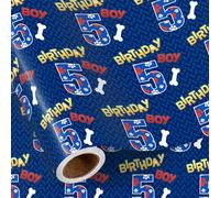 RUSPEPA Papier cadeau 5e Anniversaire Garçon, mini rouleau, motif pattes de chiot et os bleus, papier cadeau thème chien pour enfants, garçons, anniversaire tout-petit, 43,2 cm x 5 m