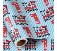 RUSPEPA Papier cadeau d'anniversaire pour garçon - Mini rouleau - HAPPY FIRST BIRTHDAY Motif à rayures pour fête d'anniversaire de garçon et plus - 43,2 cm x 5 m - 1 an