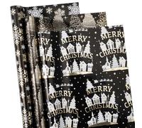 RUSPEPA Papier Cadeau De Noël Noir Et Or, Mini-Rouleau, Papier Cadeau Doré Avec Sapin, Flocon De Neige Et Église Pour Une Décoration De Noël Luxueuse, 3 Rouleaux, 43,2 Cm X 3 M