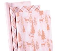RUSPEPA Papier Cadeau De Noël Rose, Mini-Rouleau, Papier Cadeau Doré Motif Féerie Hivernale Avec Rennes, Flocon De Neige Et Motifs Écossais, Idéal Pour Les Cadeaux De Noël, 3 Rouleaux, 43,2 Cm X 3 M