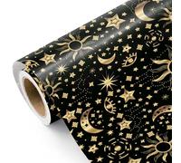 RUSPEPA Papier cadeau Galaxie - Mini rouleau - 43,2 cm x 5 m - Noir et or, « Espace, Lune, Étoiles, Soleils », Papier cadeau céleste pour anniversaire, mariage, baby shower.