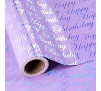 RUSPEPA Papier D'Emballage D'Anniversaire Réversible - Petit Rouleau - 43,2 Cm X 10 M - Design De Lettrage Joyeux Anniversaire En Feuille Violette Et Argentée
