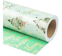 RUSPEPA Papier d'Emballage de Noël Réversible - Mini Rouleau 43,2 cm x 10 m - Arbre Vert Aquarelle et Joyeux Noël avec Feuille Métallique Brillante pour Vacances, Fête, Célébration