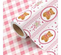 RUSPEPA Papier d'emballage rose réversible - 43.2cm x 5m - Papier d'emballage ours et carreaux pour anniversaire d'enfants filles, emballage cadeau pour nouveau-né