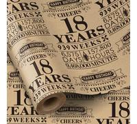 RUSPEPA Rouleau de papier cadeau d'anniversaire, mini rouleau, papier cadeau kraft noir motif 18 ans Idéal pour anniversaire, fête, vacances, 43,2 cm x 5 m, 18e anniversaire