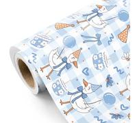 RUSPEPA Rouleau De Papier Cadeau D'Anniversaire « Silly Gooses » - Mini Rouleau - 43,2 Cm X 5 M - Papier Cadeau Bleu Motif Oie À Carreaux, Idéal Pour Les Anniversaires De Garçons Et Les Baby Showers