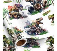 RUSPEPA Rouleau De Papier Cadeau Dinosaure Pour Garçons, Mini Rouleau, Papier Cadeau Aquarelle T-Rex Et Monster Truck Pour Anniversaire, Fête Dinosaure, Fête Aventure, 43,2 Cm X 5 M