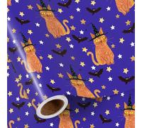 RUSPEPA Rouleau De Papier Cadeau Halloween Pour Enfants, Mini Rouleau, Motif Chat Orange Avec Chapeau De Sorcière, Papier Cadeau Violet Avec Étoiles Et Chauve-Souris Pour Fête D'Halloween, 43,2Cm X 5M