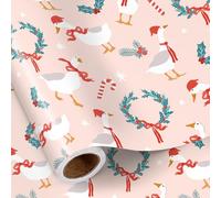RUSPEPA Rouleau De Papier Cadeau Oie De Noël Pour Filles, Motif Père Noël, Oie, Couronne, Canne En Sucre Et Houx, Papier Cadeau Rose Pour Enfants, Fête D'Anniversaire Et Fête Champêtre, 43,2 Cm X 5 M