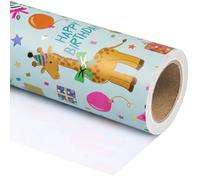 RUSPEPA Rouleau De Papier D'Emballage D'Anniversaire Pour Enfant - Petit Rouleau - 43,2 Cm X 5 M - Papier D'Emballage Joyeux Anniversaire Avec Fête D'Animal Bleu Et Feuille Métallique