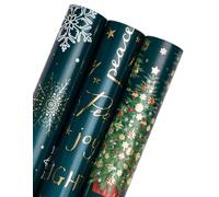 RUSPEPA Rouleau de Papier d'Emballage de Noël - 3 Rouleaux - 43,2 cm x 3 m par Rouleau - Conception de Vacances d'Arbre de Noël Vert et Flocon de Neige avec Brillance de Feuille Métallique