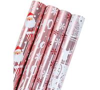 RUSPEPA Rouleau De Papier D'Emballage De Noël - Collection De Vacances Père Noël, Flocons De Neige Et Rennes En Or Rose Avec Feuille Métallique Brillante - 4 Rouleaux - 76 cm X 305 cm Par Rouleau