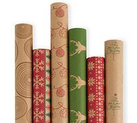 RUSPEPA Rouleau De Papier D'Emballage De Noël - Papier Kraft Marron Avec Motif Rouge Et Vert - Collection D'Éléments De Noël - 6 Rouleaux - 76 cm X 305 cm Par Rouleau