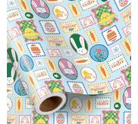 RUSPEPA Rouleau De Papier D'Emballage De Pâques - Design De Timbre-Poste Avec Lapin Bleu Poussin Carotte Et Œuf Petit Rouleau Papier D'Emballage De Printemps Rétro Fantaisiste 43,2 Cm X 5 M