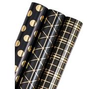 RUSPEPA Rouleau de papier d'emballage - Mini rouleau - 3 rouleaux - 43,2 cm x 3,05 m par rouleau - Design géométrique doré noir métallique pour mariage, vacances, fête, fête prénatale