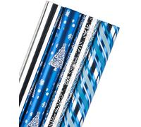 RUSPEPA Rouleau De Papier D'Emballage - Papier Flocon De Neige Argenté Et Rayé Bleu Avec Éclat Métallisé Pailleté - 4 Rouleaux - 76cm X 305cm Par Rouleau