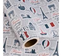 RUSPEPA Rouleau papier cadeau Paris vintage kraft - Mini rouleau - 43,2 cm x 5 m - Papier cadeau journal voyage français rétro pour anniversaire, mariage, anniversaire de mariage, shower de mariée