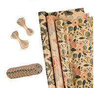 RUSPEPA Rouleaux De Papier D'Emballage Avec Étiquettes, Ficelle De Jute - 43 cm X 3 m Par Rouleau, Total De 3 Rouleaux, Fleurs
