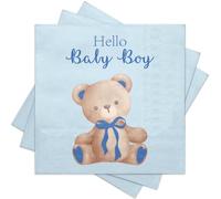 RUSPEPA Serviettes En Papier, Motif Ours, 50 Pièces, 3 Plis, Jetables, Bleues Avec L'Inscription « Bonjour Petit Garçon », Idéales Pour Les Déjeuners Et Cocktails De Naissance, 12,7 X 12,7 Cm.