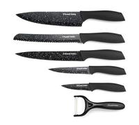 Russell Hobbs 6 pièces Ensemble de couteaux et éplucheur - Couteaux de chef/de pain/de découpe/d'utilité/de paring, lames avec effet marbré antiadhésif, lavage à la main, noir