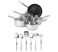 Russell Hobbs COMBO-7708B Ensemble de poêles et ustensiles en acier inoxydable, casseroles/poêle à lait, poêle à frire antiadhésive, induction, ustensiles de cuisine avec support, louche, cuillères de