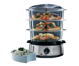 Russell Hobbs Cook@Home Cuiseur Vapeur, Noir, 9 L, 800 W | Trois Paniers Sans BPA, Minuteur Programmable, Panier Riz et 6 Supports à Œufs, 19270-56